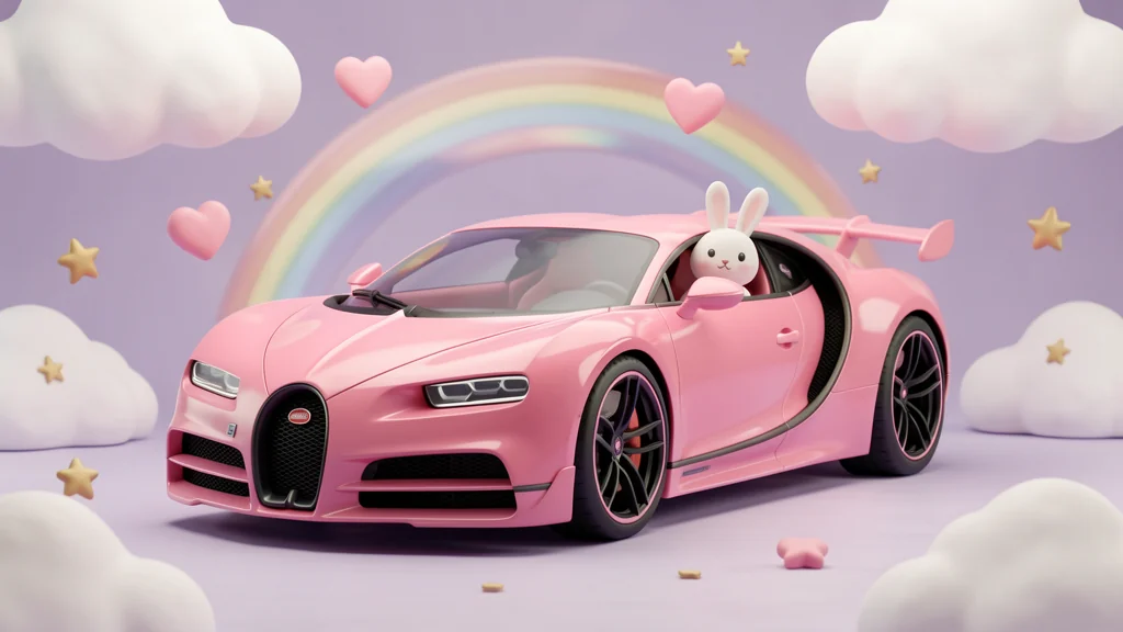 Pink Bugatti Chiron Pur Sport in a dreamy pastel world with a bunny passenger, clouds, hearts and a rainbow